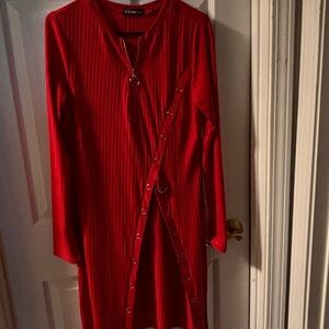 Red Long Sleeve Crew Neck Grunge Matrix Casual Dress With Slit